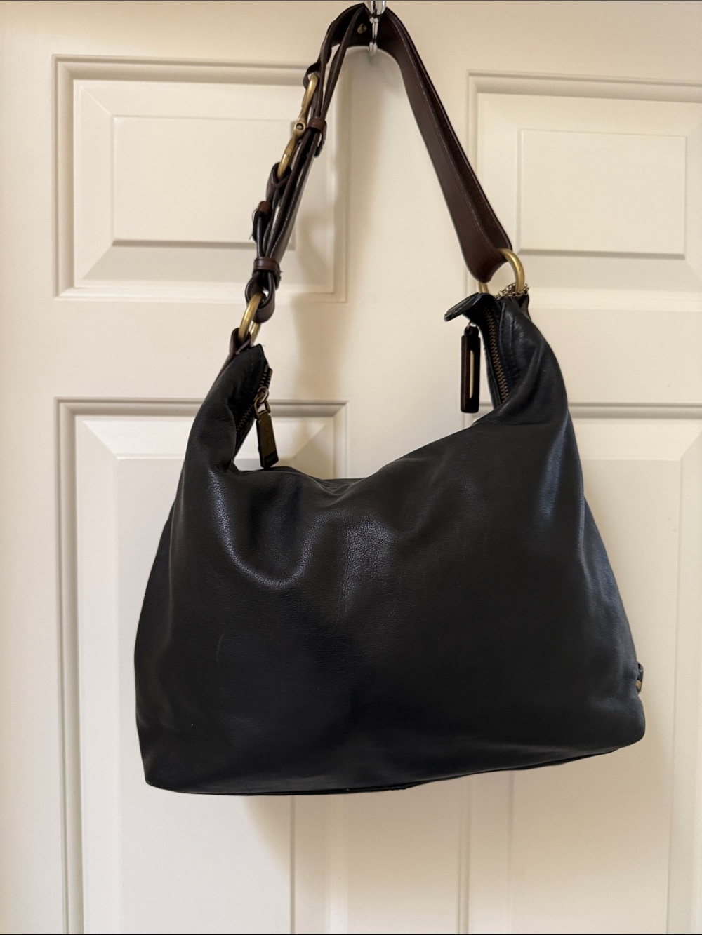 Vintage Cole Haan Black Smooth Leather Hobo Bag with Brass Buckle Detail